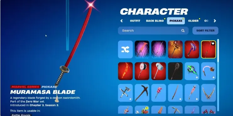 F1289 Blue Squire, TWVN, The Foundation, SNAP, Joni the Red, Marvel Muramasa Blade, 66 Outfits, 69 Pickaxes, 41 Emotes, 48 Gliders (G)